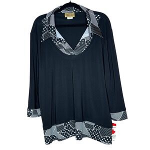24K Par By MRK NWT 3XL Black Tunic Top Long Sleeve Polka Dot Canadian Made‎